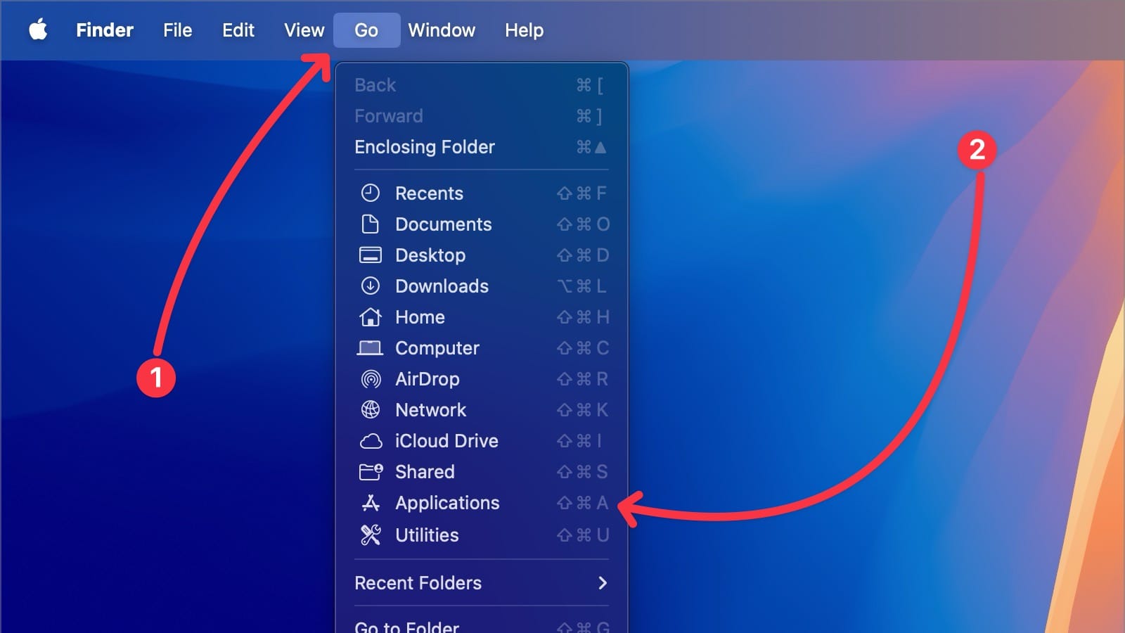 go menu showing applications folder