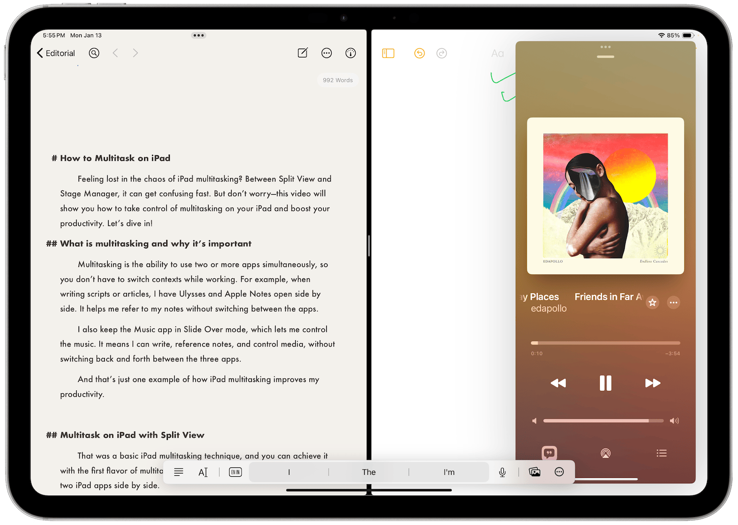 ipad Pro showing two apps open in split view with Music open in Slide over mode