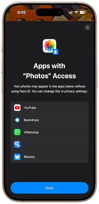 photos is accessible from other apps pop-up