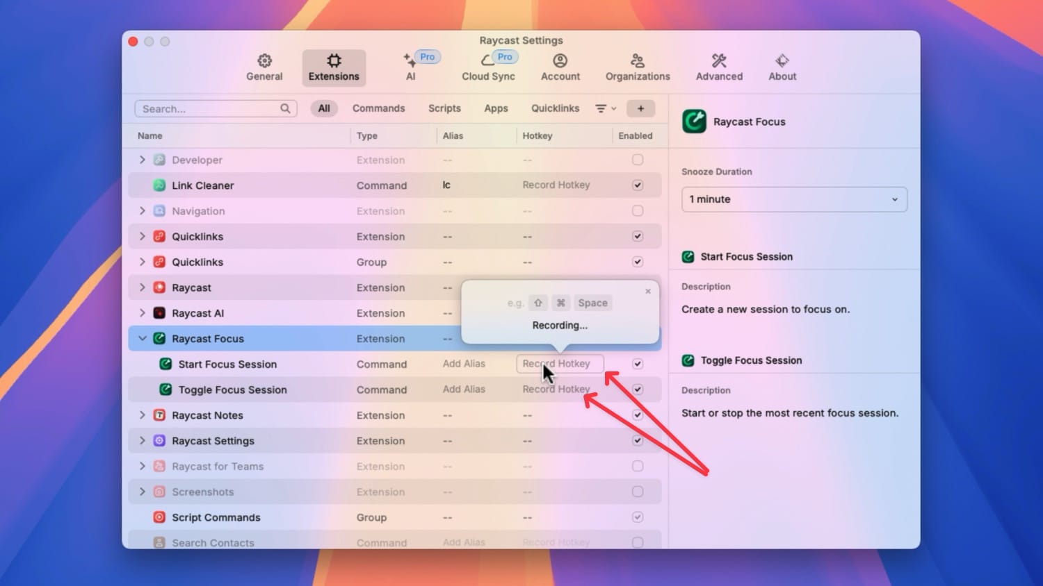 recording keyboard shortcut for Raycast Focus