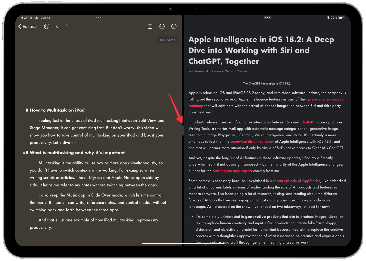 two apps open in split view showing the gray divider