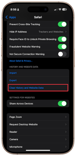 Clear History and Website Data button