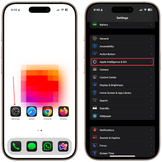 Settings app showing Apple Intelligence & Siri Settings