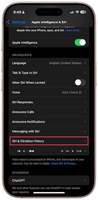 Siri & Dictation History Settings