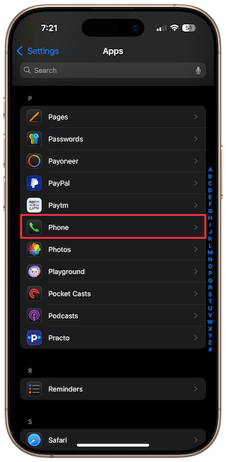 Opening Phone app settings