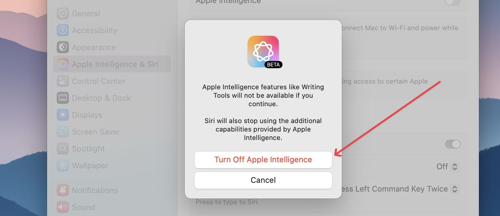 Turn Off Apple Intelligence button