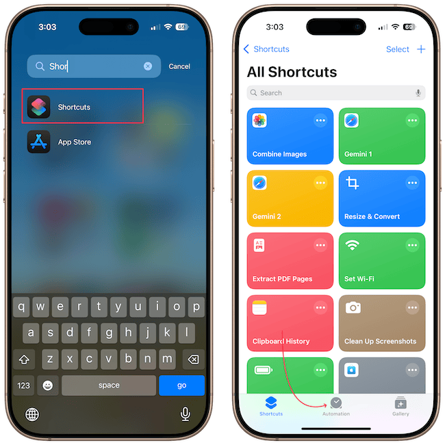 Shortcuts app on iPhone showing Automation tab