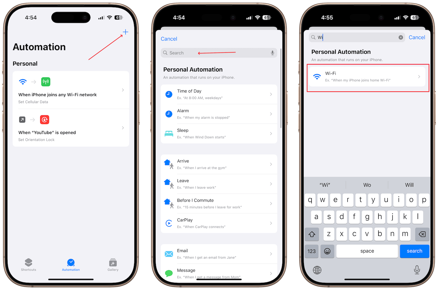 Creating a new automation and adding Wi-Fi action