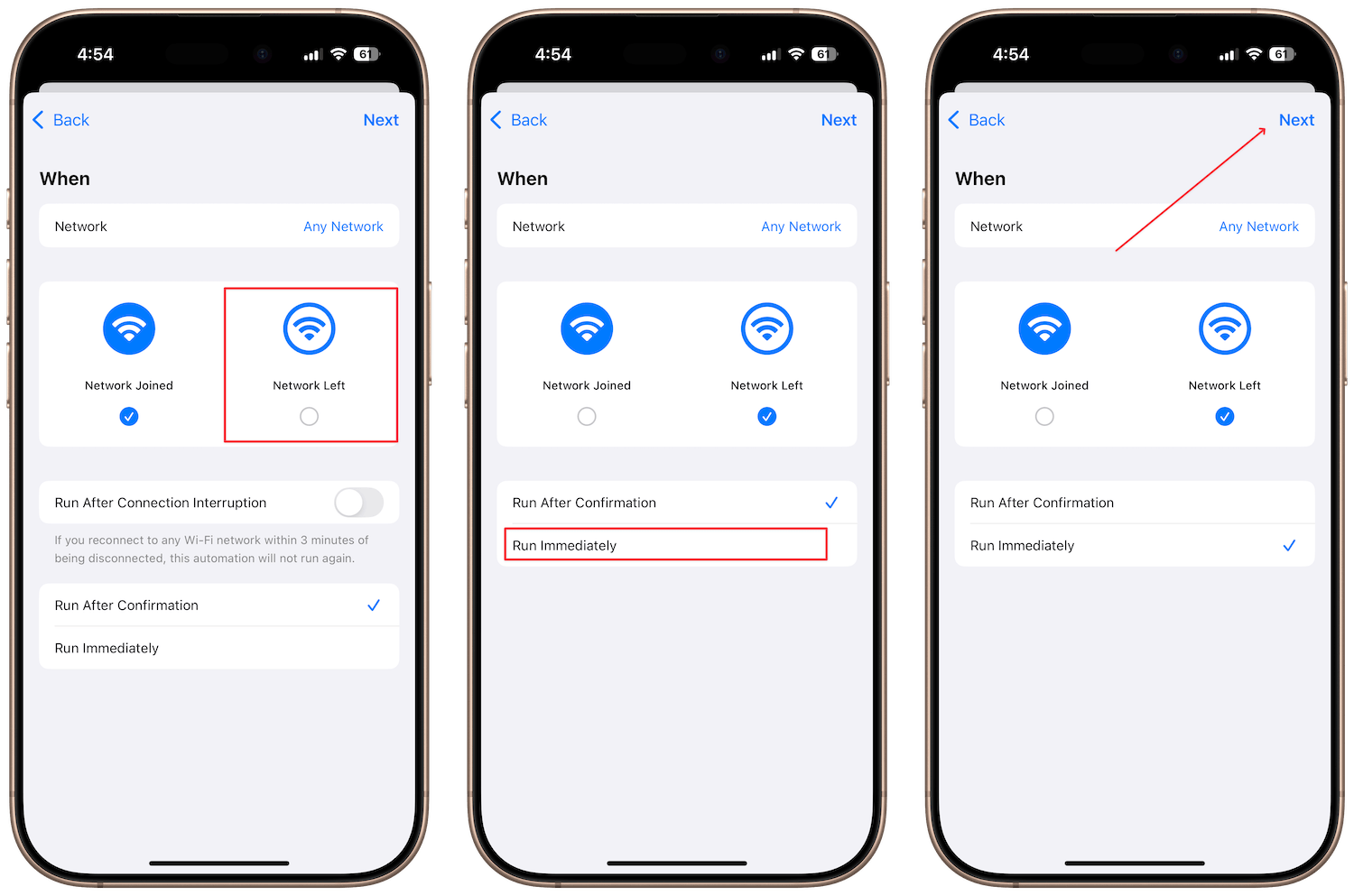 Selecting network left and run immediately option