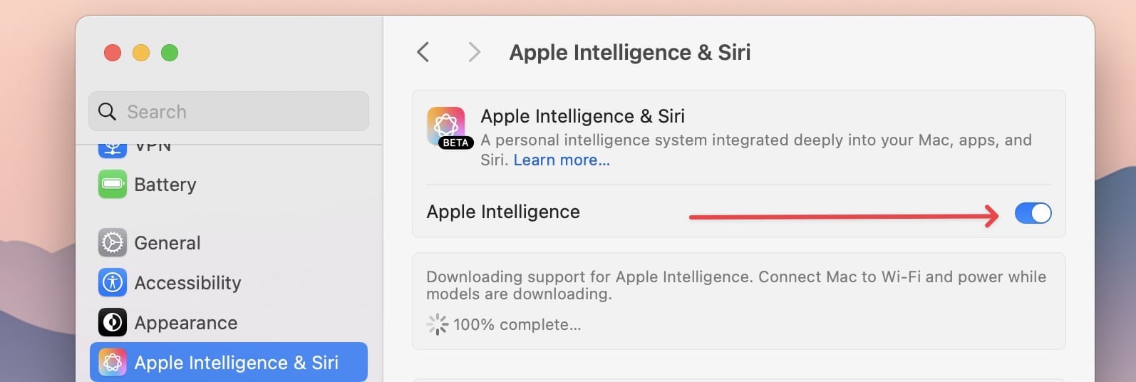 toggle for Apple Intelligence