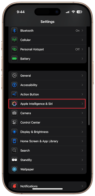 Apple Intelligence & Siri settings on iPhone