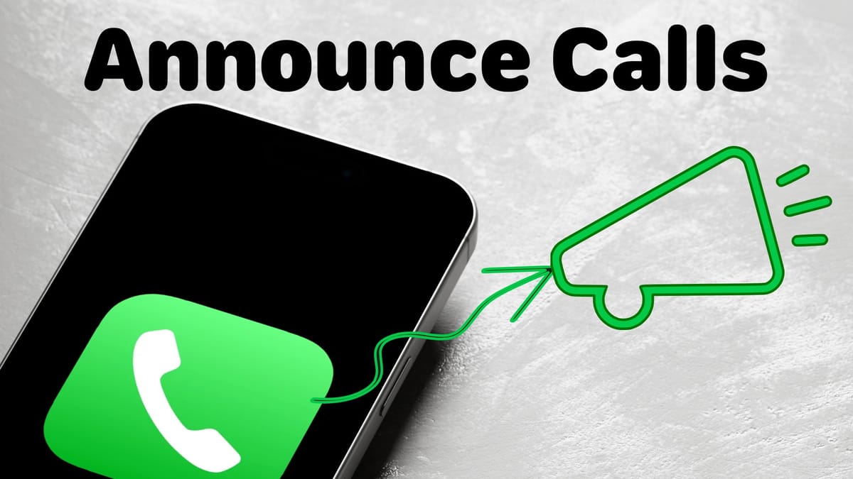 iPhone mockup showing Phone app with Announce Calls text on top. There's an arrow targeting a loudspeaker icon