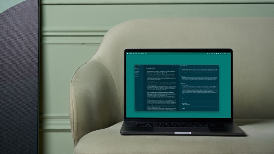Logseq review - feature image showing Logseq open on a MacBook Pro placed on a green sofa