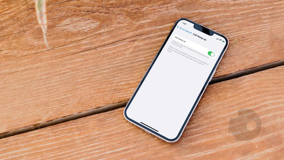 iPhone on wooden table showing Siri call hang-up setting