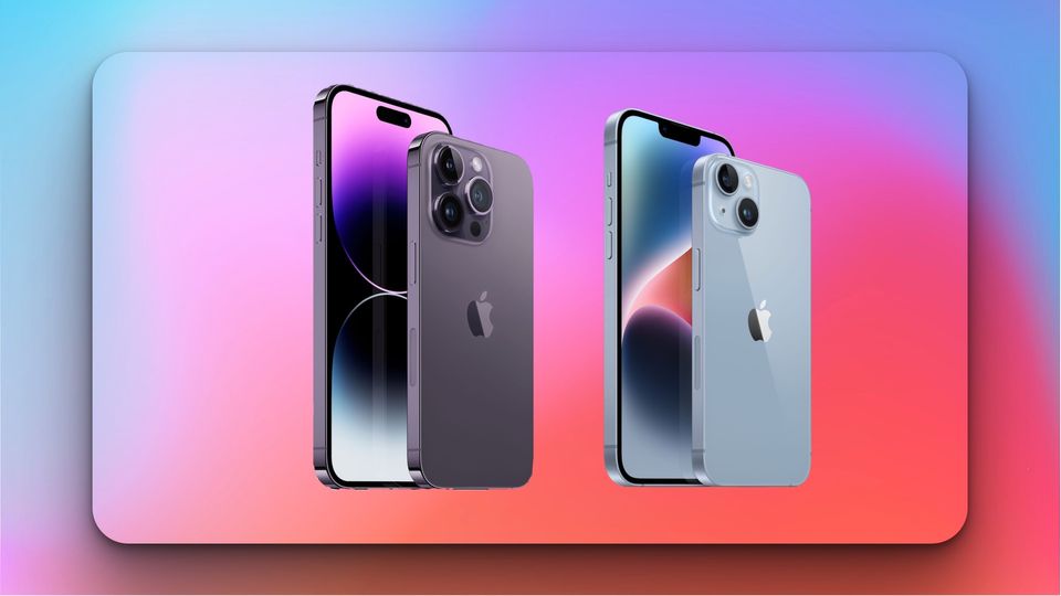 iPhone 14, iPhone 14 Plus, iPhone 14 Pro, and iPhone 14 Pro Max with gradient background