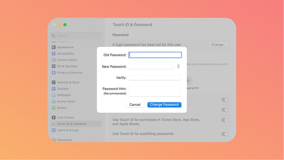 macOS Ventura System Settings screenshot showing password change setting