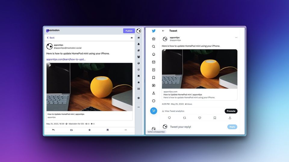 Mastodon and Twitter open in Arc Browser in split-screen mode