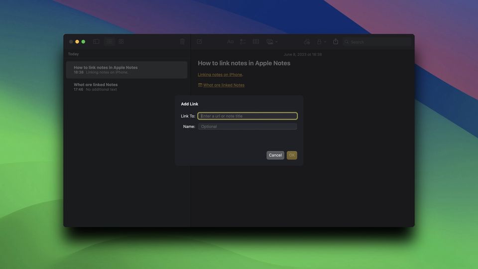 Apple Notes link notes feature screenshot